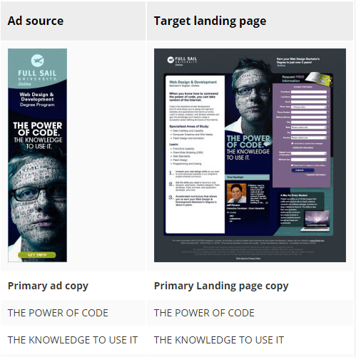 message match on landing page
