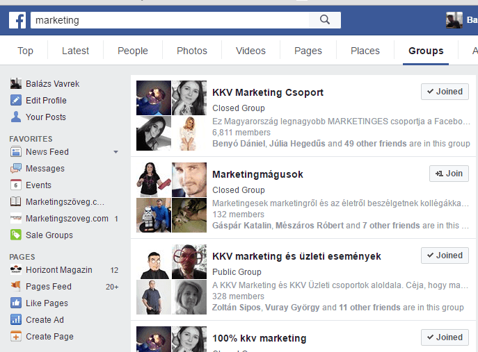 Facebook csoportkeresés