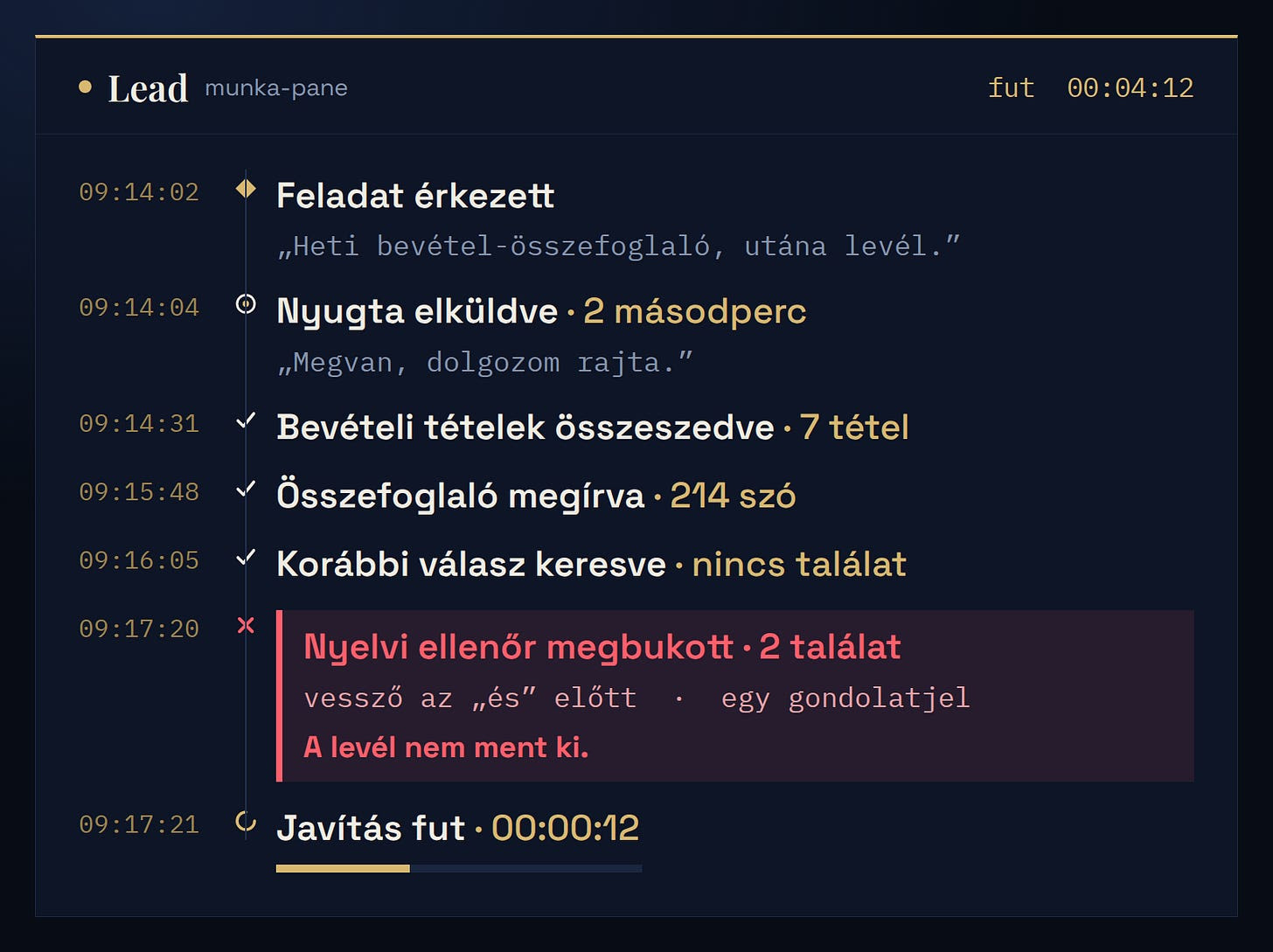 Lead asszisztens munka-panelje működés közben