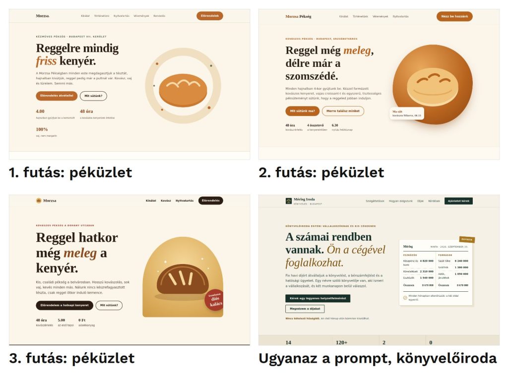 Ugyanaz a prompt háromszor, plusz egyszer könyvelőirodára: négyből négy krémszínű, talpas, dőlt kiemelésű lap.